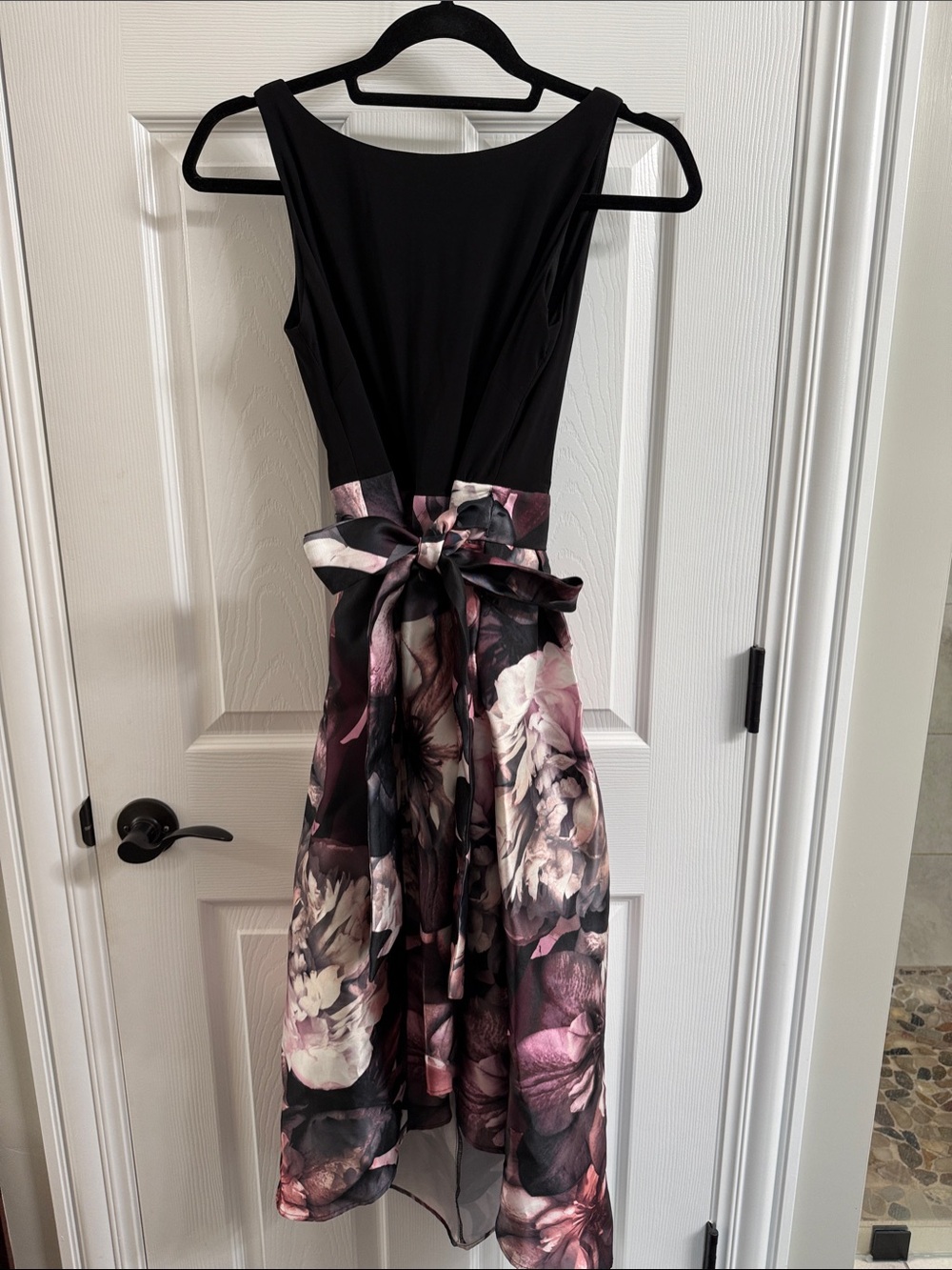 SLNY Black Bodice Floral Midi Dress with Pink and Cream Bowed Skirt